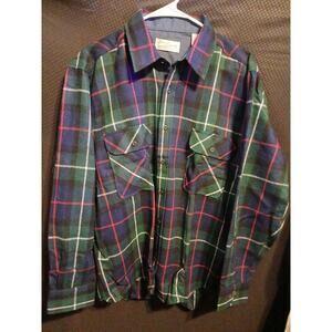 Sears Roebuck & Co Mens L Wool Blend Flannel Plaid Shirt Long Sleeve Green A25